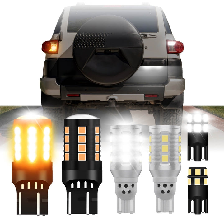 Ultra Bright Canbus LED Bulbs - 7440 / 7443 Amber Turn Signal, 921 / T15 White Reverse Backup & 194 / T10 White License Plate Bulb Set