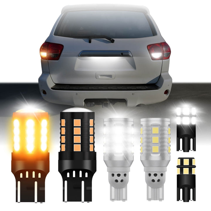 Ultra Bright Canbus LED Bulbs - 7440 / 7443 Amber Turn Signal, 921 / T15 White Reverse Backup & 194 / T10 White License Plate Bulb Set