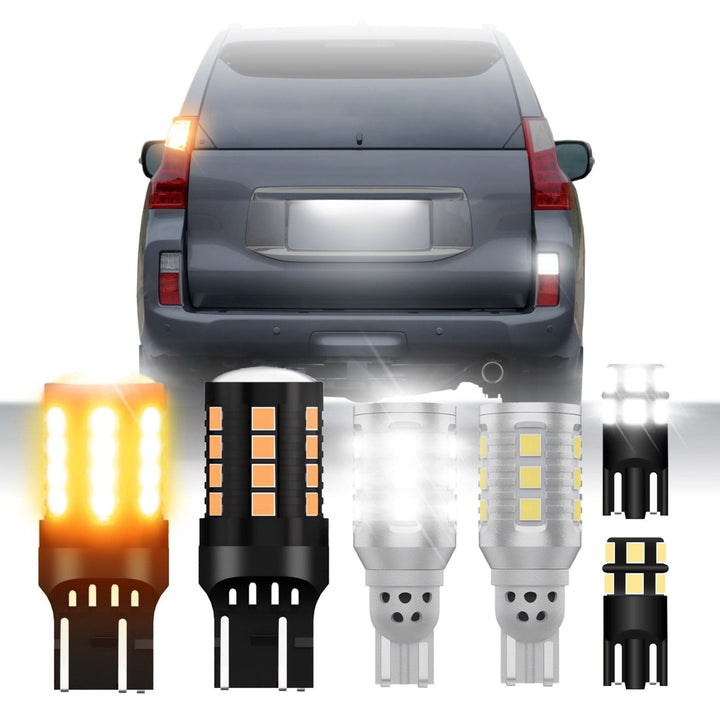 Ultra Bright Canbus LED Bulbs - 7440 / 7443 Amber Turn Signal, 921 / T15 White Reverse Backup & 194 / T10 White License Plate Bulb Set