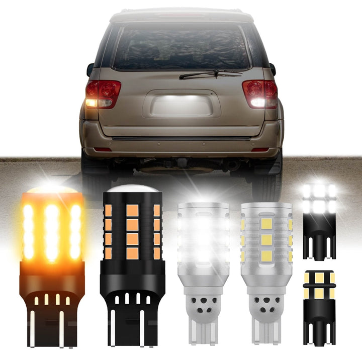 Ultra Bright Canbus LED Bulbs - 7440 / 7443 Amber Turn Signal, 921 / T15 White Reverse Backup & 194 / T10 White License Plate Bulb Set