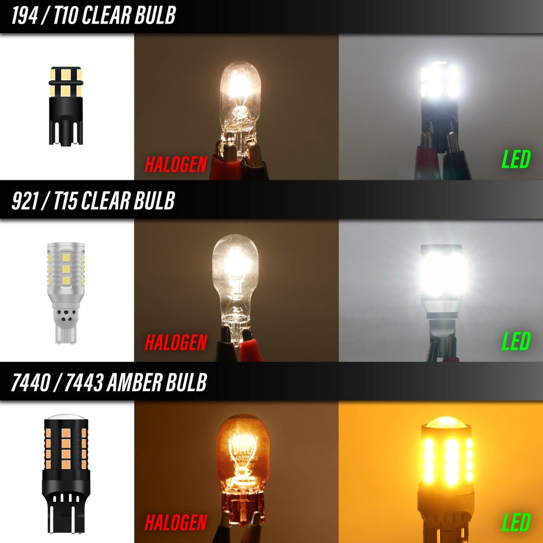Ultra Bright Canbus LED Bulbs - 7440 / 7443 Amber Turn Signal, 921 / T15 White Reverse Backup & 194 / T10 White License Plate Bulb Set