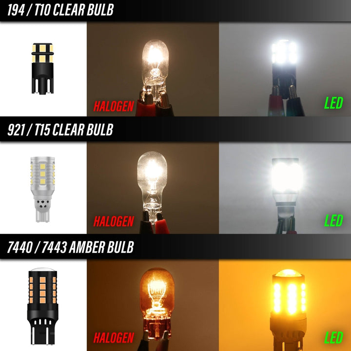 Ultra Bright Canbus LED Bulbs - 7440 / 7443 Amber Turn Signal, 921 / T15 White Reverse Backup & 194 / T10 White License Plate Bulb Set
