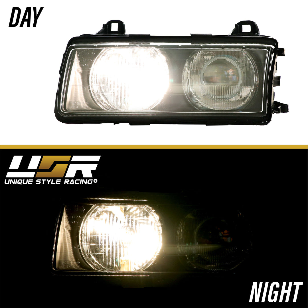 1992-1999 BMW E36 3 Series Hella Euro Ellipsoid GLASS Lens Projector Headlight - Made by DEPO with Optional Daytime Visible UHP LED Angel Eye Halo Rings