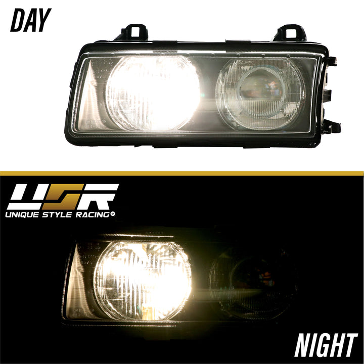 1992-1999 BMW E36 3 Series Hella Euro Ellipsoid GLASS Lens Projector Headlight - Made by DEPO with Optional Daytime Visible UHP LED Angel Eye Halo Rings