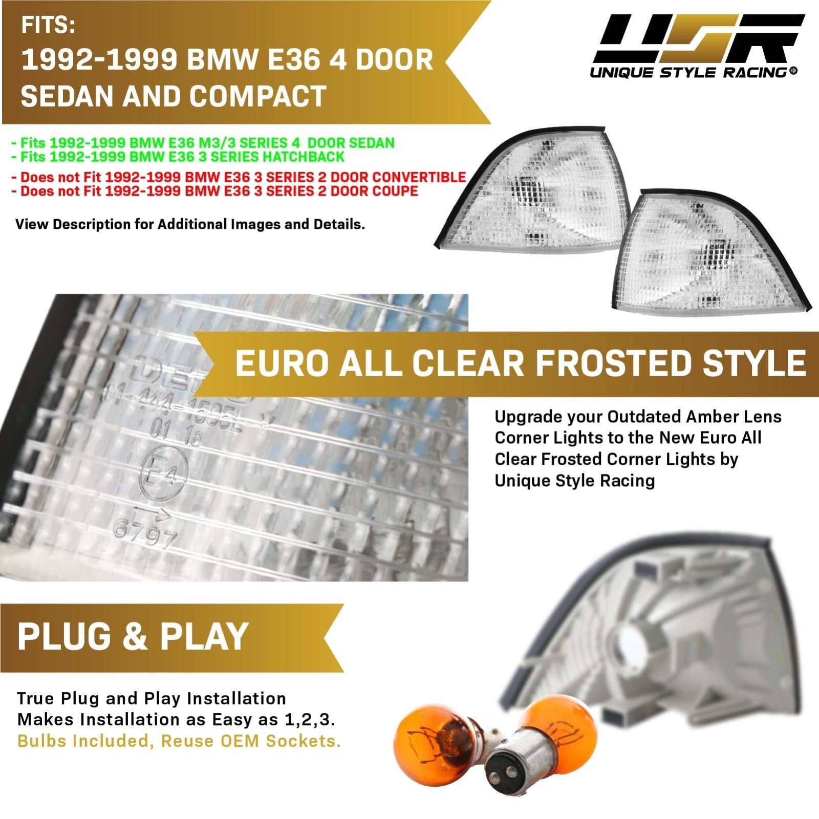 1992-1999 BMW E36 3 Series 3D / 4D Sedan Euro Clear or Smoke Lens