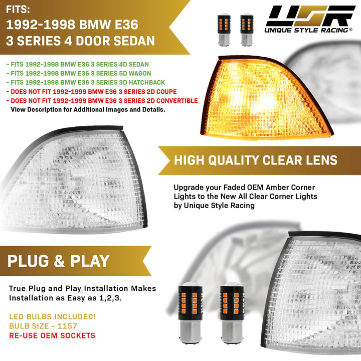1992-1999 BMW E36 3 Series 3D / 4D Sedan Euro Clear or Smoke Lens Corner Lights

#lens-color_clear-lens-with-led-bulbs