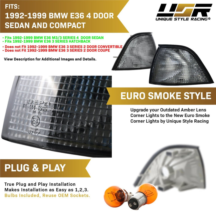 1992-1999 BMW E36 3 Series 3D / 4D Sedan Euro Clear or Smoke Lens Corner Lights

#lens-color_smoke-lens