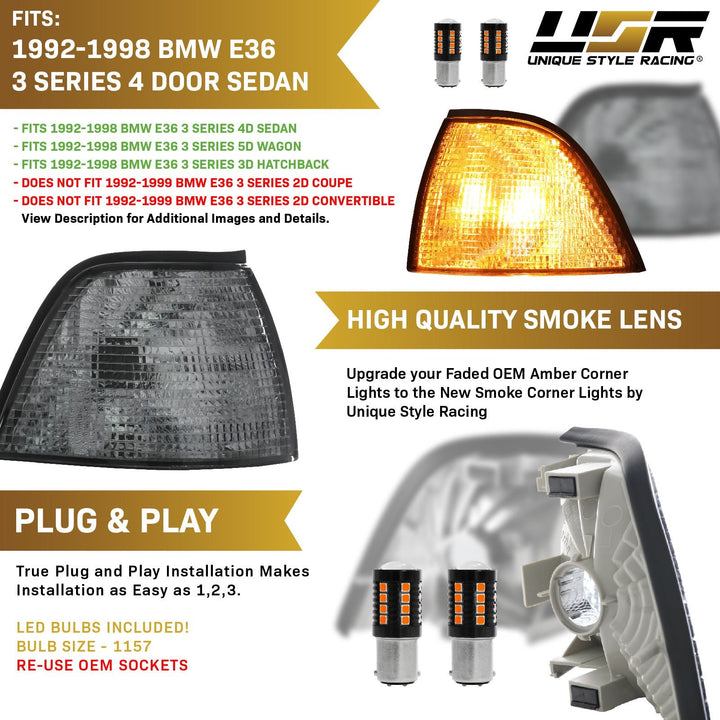 1992-1999 BMW E36 3 Series 3D / 4D Sedan Euro Clear or Smoke Lens Corner Lights

#lens-color_smoke-lens-with-led-bulbs