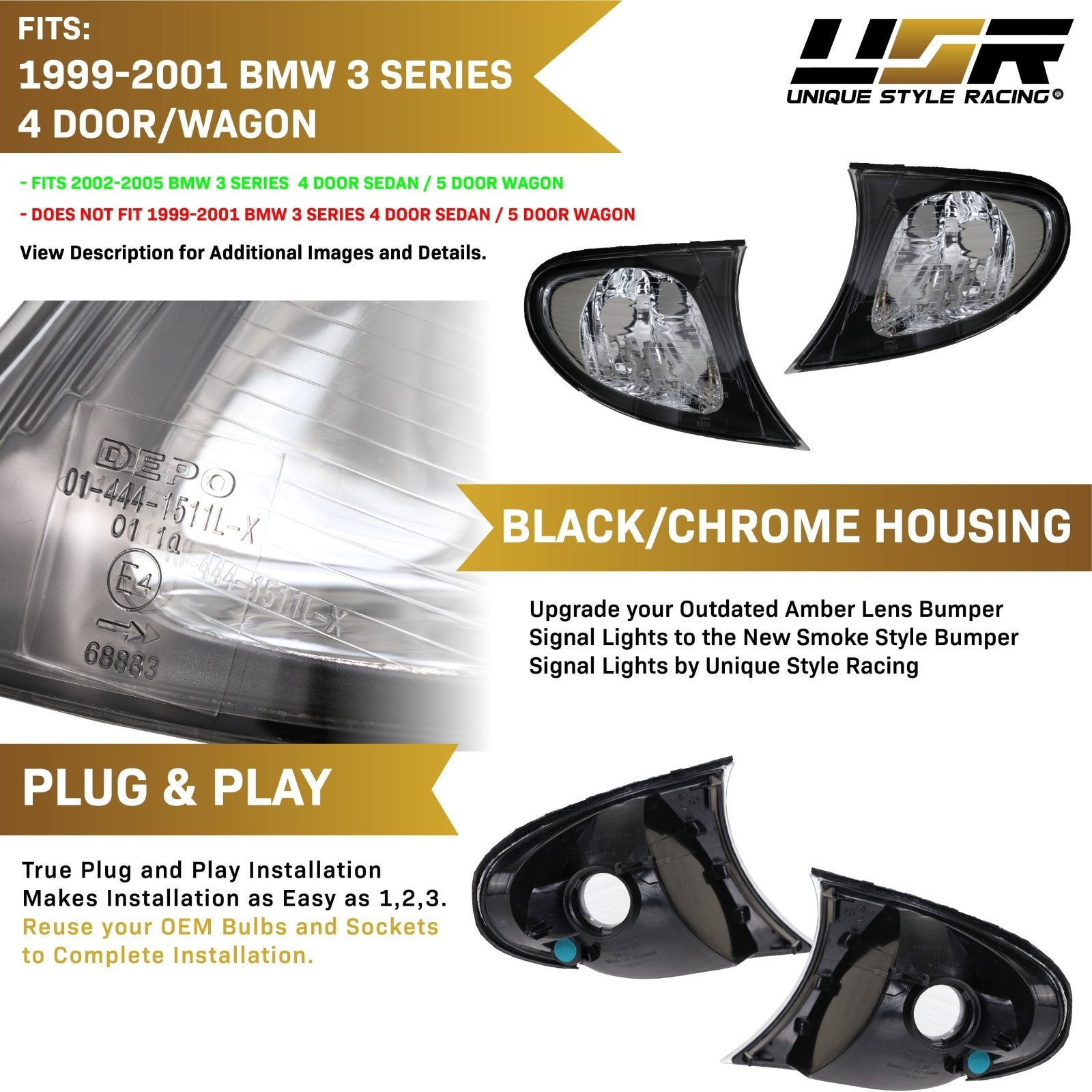 2002-2005 BMW 3 Series E46 4D Sedan & 5D Wagon Clear or Smoke Lens