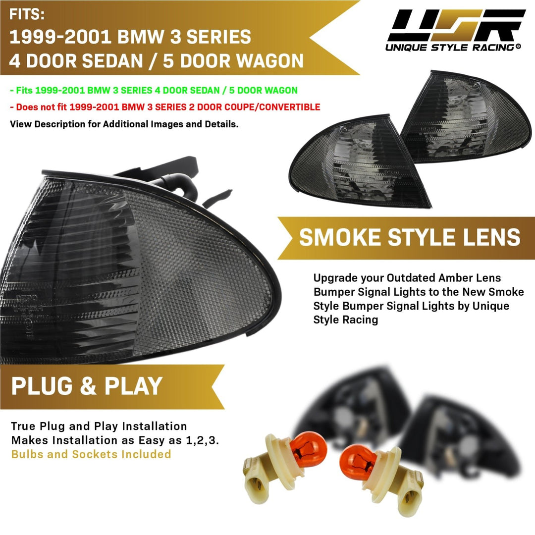 1992 - 2001 BMW 3 Series E46 E 46 4D Sedan & 5D Wagon Clear OR Smoke Lens Front Corner Signal Light

#lens-color_smoke-lens