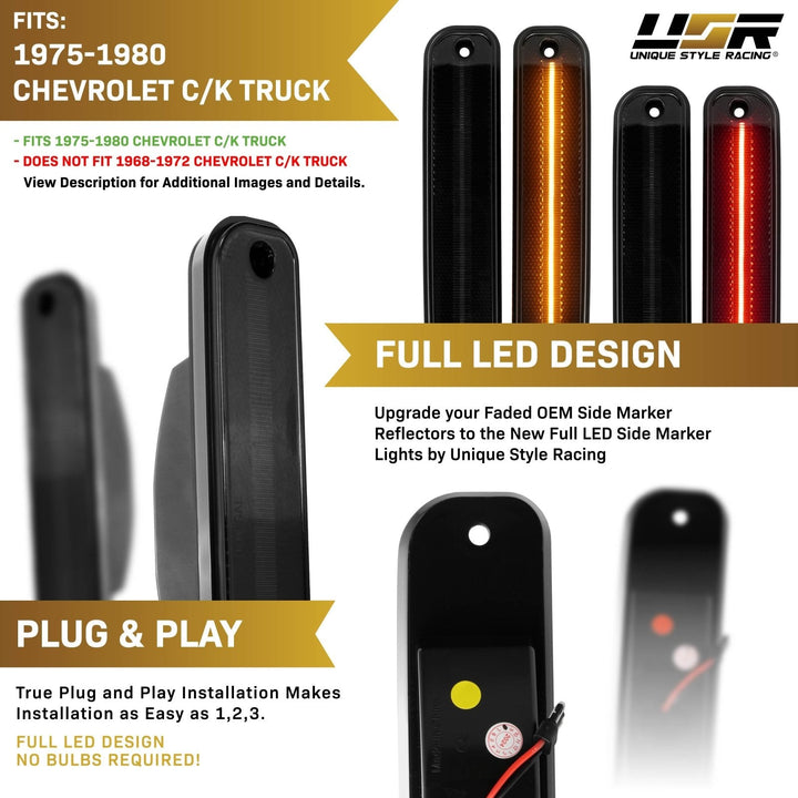 1975 - 1980 Chevrolet Chevy CK C/K Smoke or Clear Lens Front Amber + Rear Red LED 4 Piece Bumper Side Marker Light