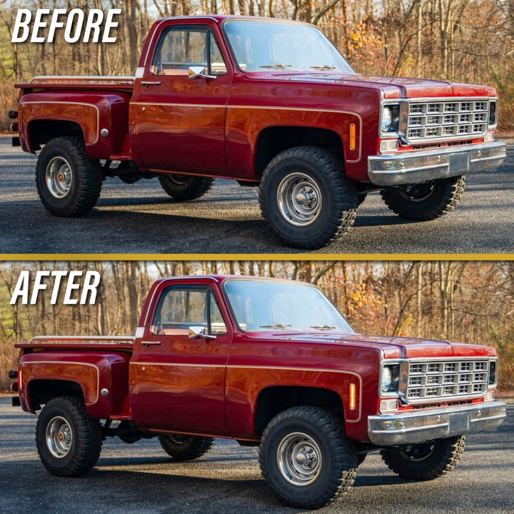 1975 - 1980 Chevrolet Chevy CK C/K Smoke or Clear Lens Front Amber + Rear Red LED 4 Piece Bumper Side Marker Light