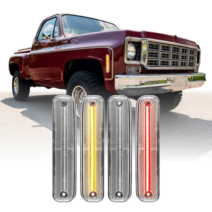 1975 - 1980 Chevrolet Chevy CK C/K Smoke or Clear Lens Front Amber + Rear Red LED 4 Piece Bumper Side Marker Light