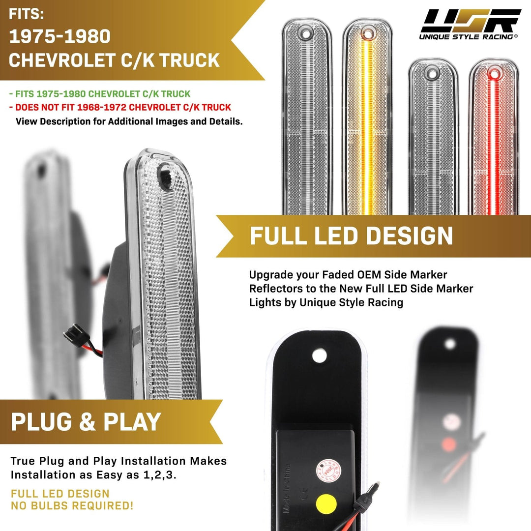 1975 - 1980 Chevrolet Chevy CK C/K Smoke or Clear Lens Front Amber + Rear Red LED 4 Piece Bumper Side Marker Light