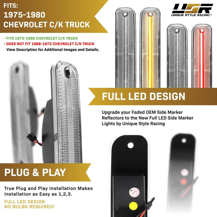 1975 - 1980 Chevrolet Chevy CK C/K Smoke or Clear Lens Front Amber + Rear Red LED 4 Piece Bumper Side Marker Light