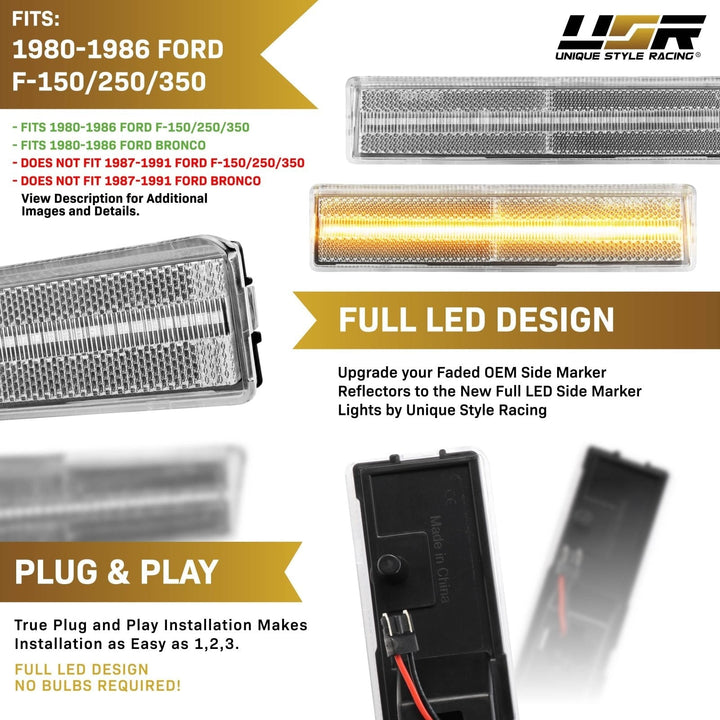 1980 - 1986 Ford F - 150 / F - 250 / F - 350 Pick Up Truck & Bronco SUV Front Clear or Smoke Lens Amber or White LED Corner Light