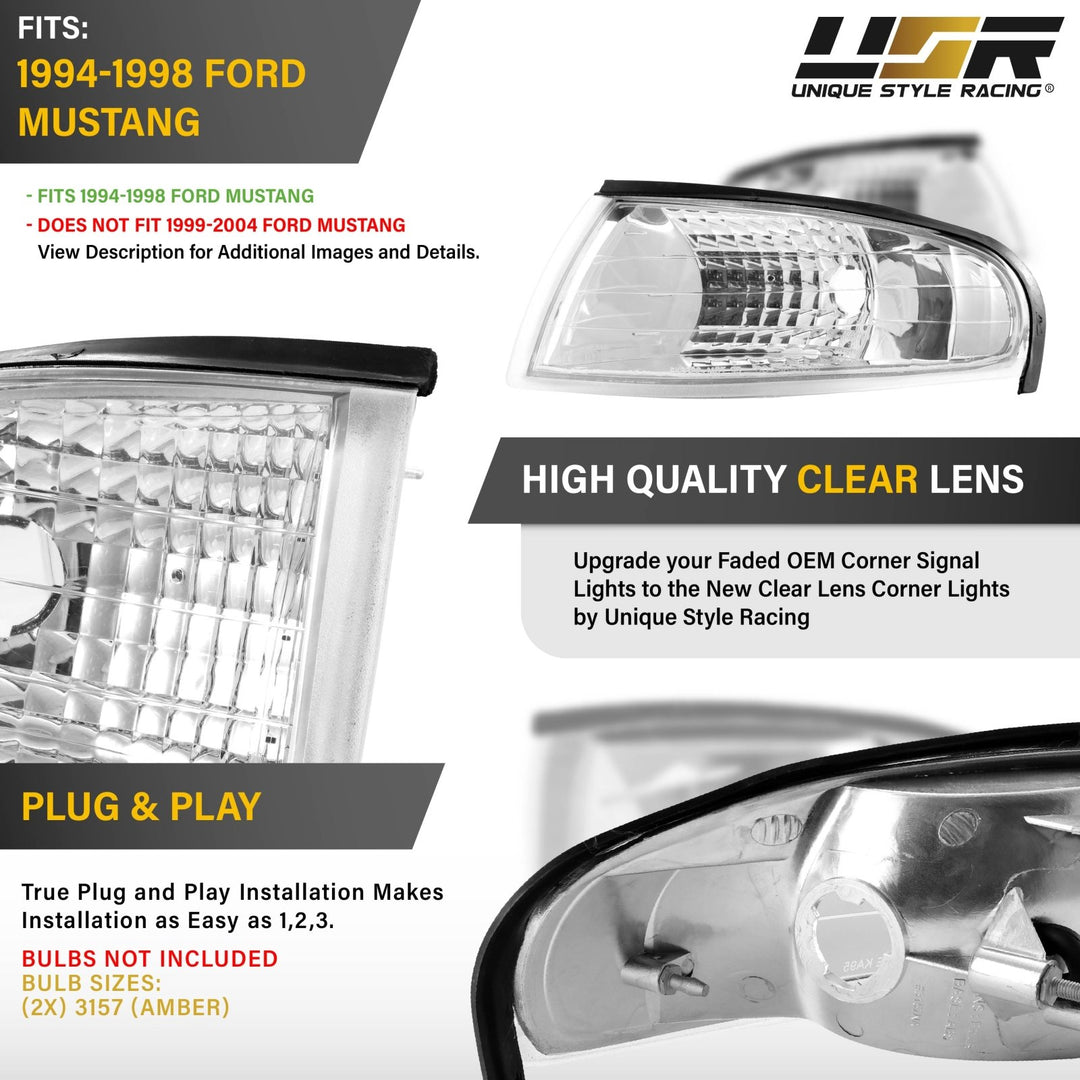 1994 1995 1996 1997 1998 Ford Mustang Chrome or Black Housing with Crystal Clear Lens Corner Lights

#color_clear-lens-chrome-housing
