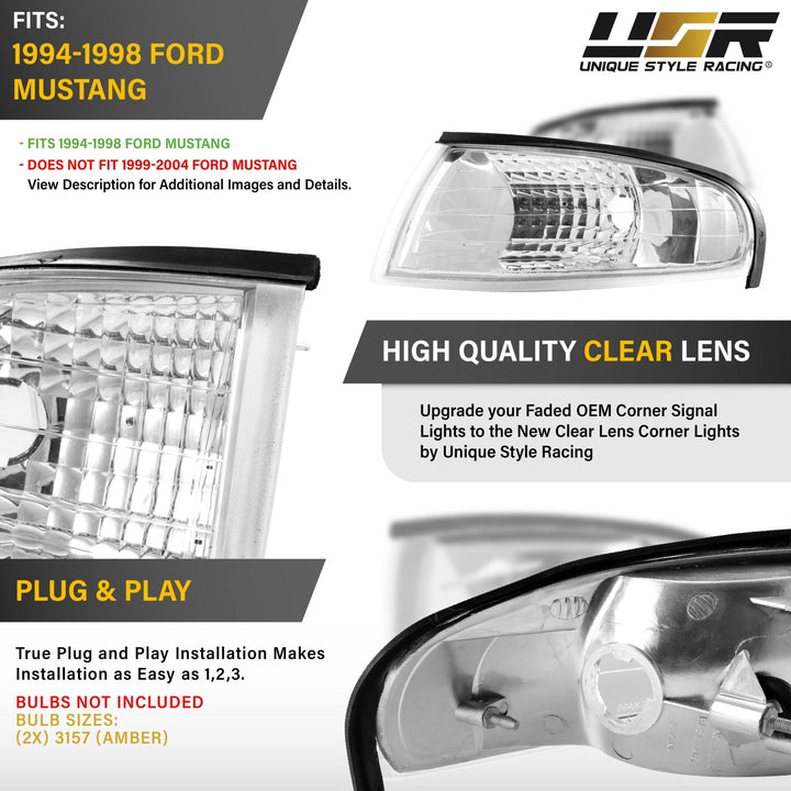 1994 1995 1996 1997 1998 Ford Mustang Chrome or Black Housing with Crystal Clear Lens Corner Lights

#color_clear-lens-chrome-housing