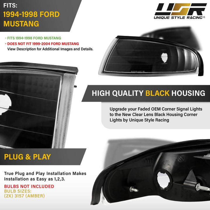 1994 1995 1996 1997 1998 Ford Mustang Chrome or Black Housing with Crystal Clear Lens Corner Lights

#color_clear-lens-black-housing