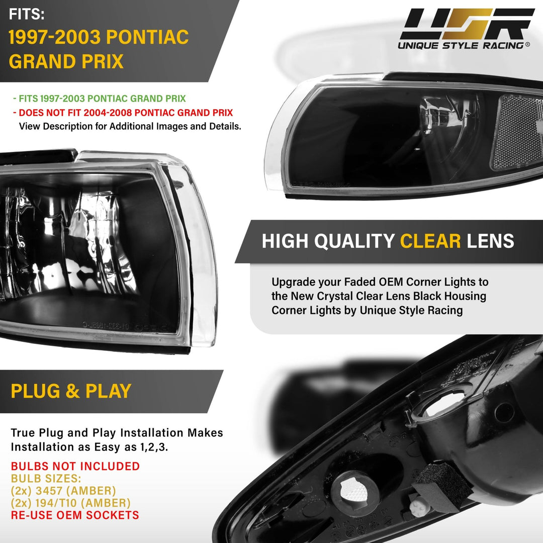 1995-1999 Pontiac Grand Prix Black Housing Crystal Clear Lens Corner Lights