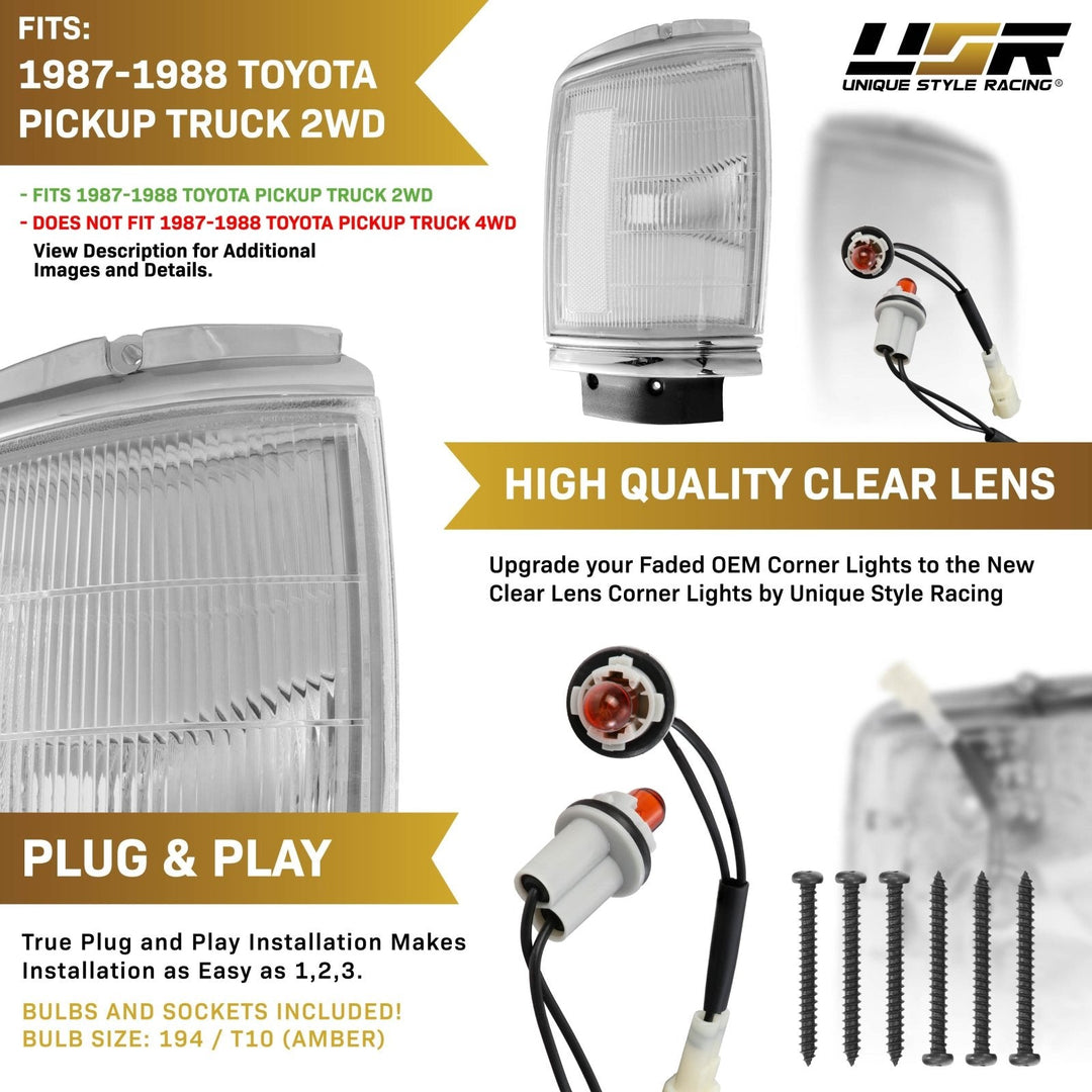 1987 - 1988 Toyota Pickup Truck 2WD Chrome Housing Clear Lens Corner Lights