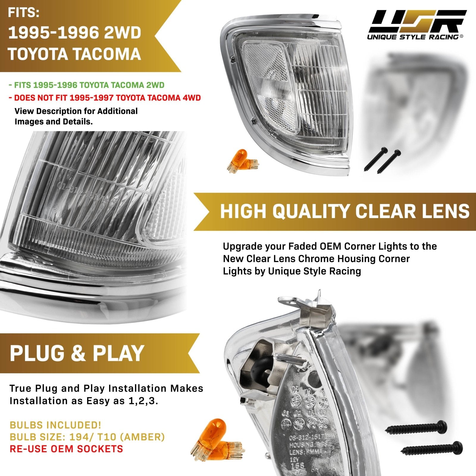 1995-1996 Toyota Tacoma 2WD Front All Clear Lens Corner Lights