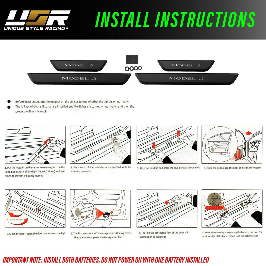 2017 - 2022 Tesla Model 3 Matte Black 4PC Magnetic Controlled White LED Door Sill