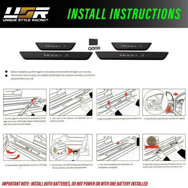 2017 - 2022 Tesla Model 3 Matte Black 4PC Magnetic Controlled White LED Door Sill