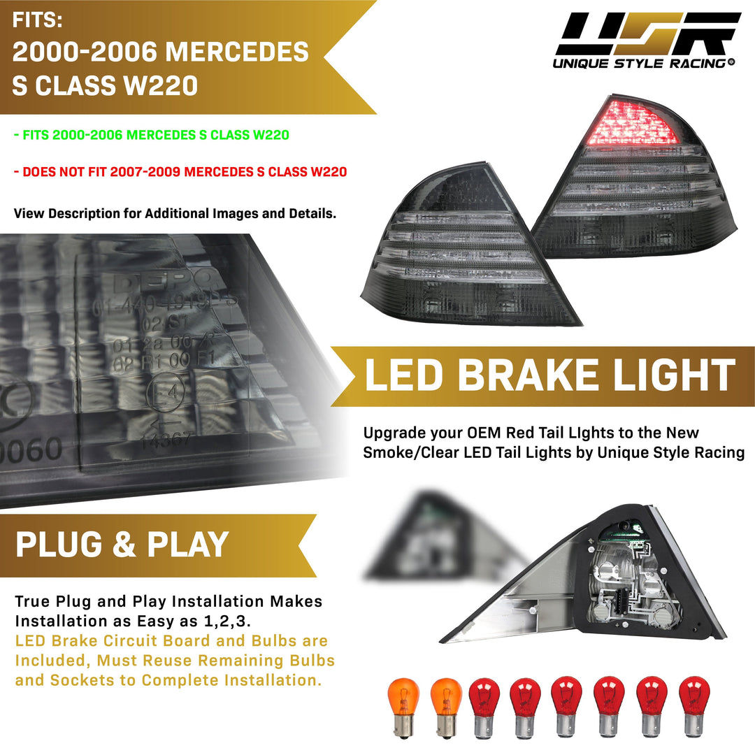 2000-2006 Mercedes S Class W220 Red / Clear or Smoke Lens LED Tail Light - Made by DEPO