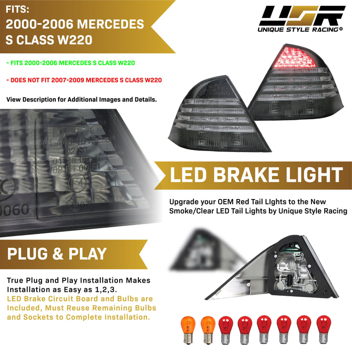 2000-2006 Mercedes S Class W220 Red / Clear or Smoke Lens LED Tail Light - Made by DEPO
