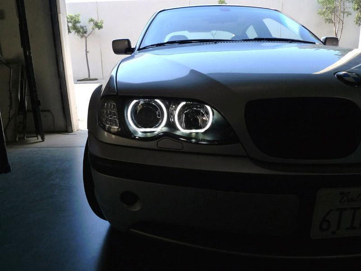 2002-2005 BMW 3 Series E46 4D/5D V3 F30 Style Square Bottom Angel Eye Halo U Rings White LED Halo Projector Headlight - Made by DEPO