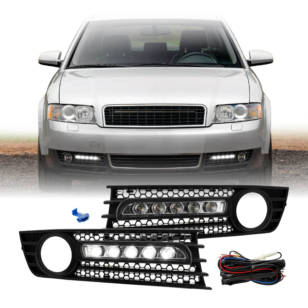 2002-2005 Audi A4 B6 4D Sedan White LED DRL Black Fog Light Grill Cover