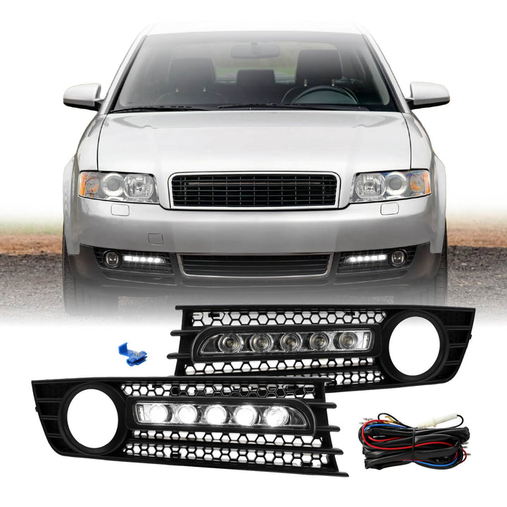 2002-2005 Audi A4 B6 4D Sedan White LED DRL Black Fog Light Grill Cover