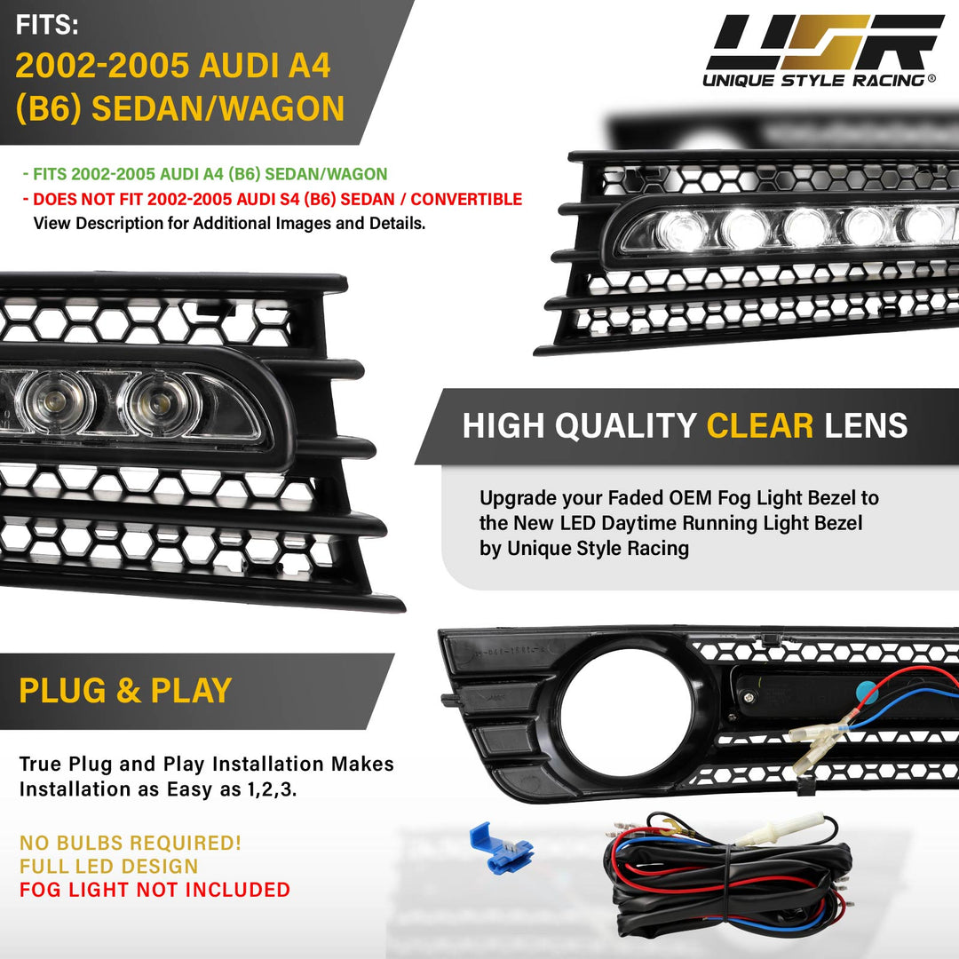 2002-2005 Audi A4 B6 4D Sedan White LED DRL Black Fog Light Grill Cover