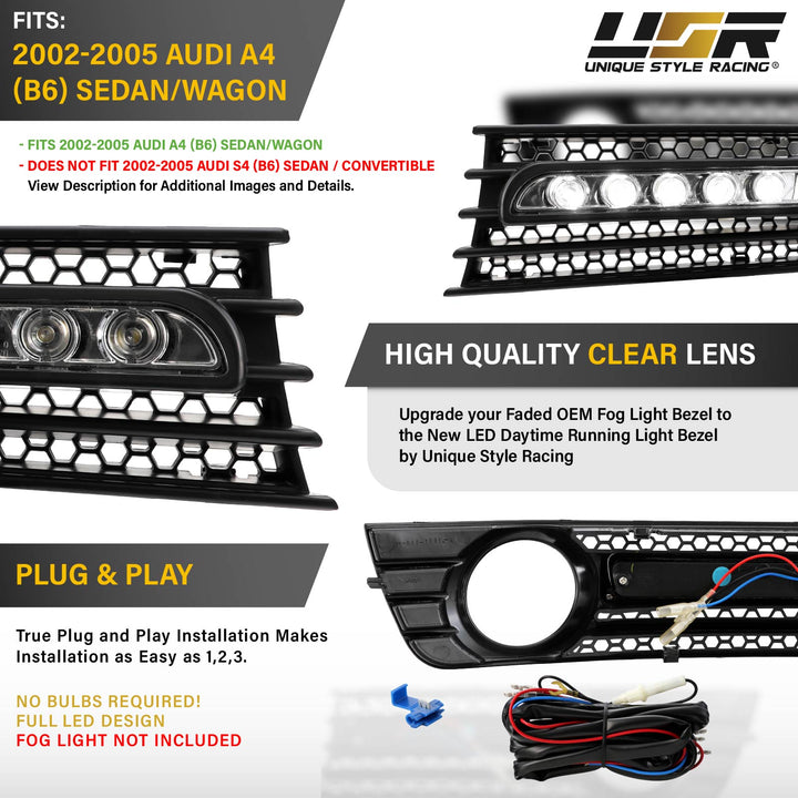 2002-2005 Audi A4 B6 4D Sedan White LED DRL Black Fog Light Grill Cover