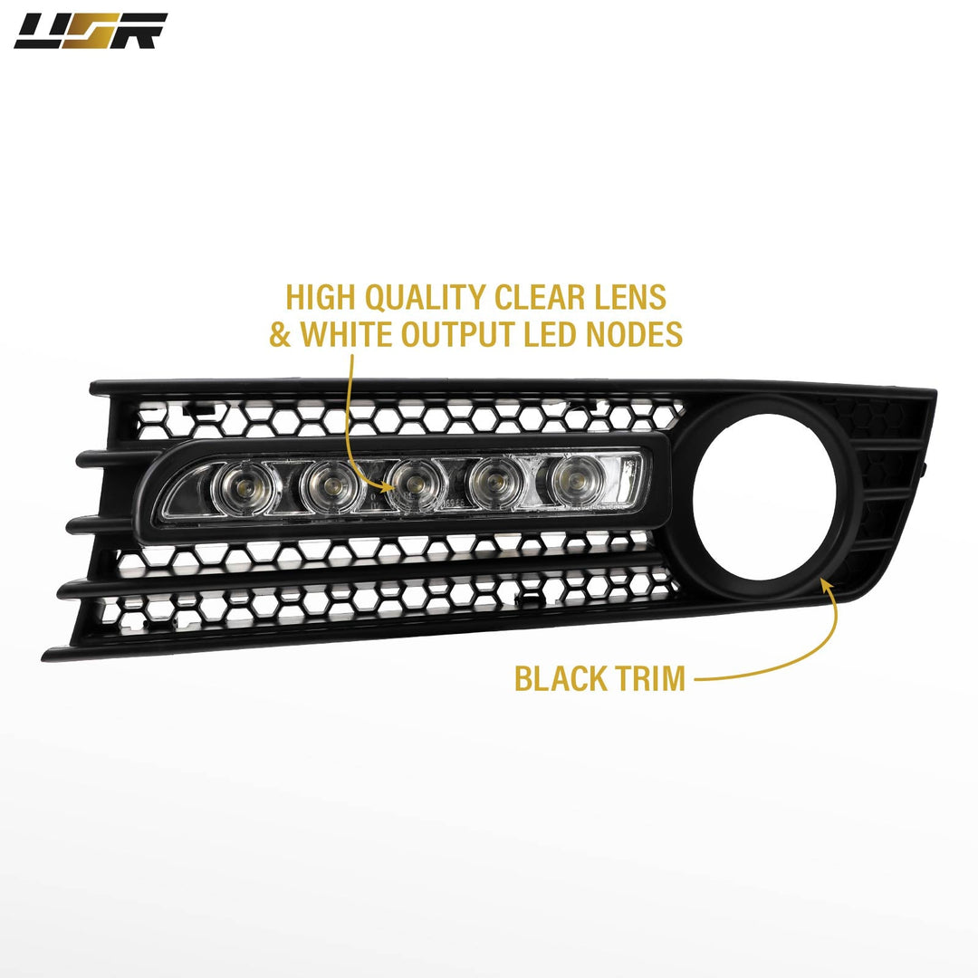 2002-2005 Audi A4 B6 4D Sedan White LED DRL Black Fog Light Grill Cover