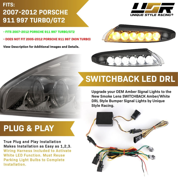 2007 - 2012 Porsche 911 Turbo/GT2 997 Chassis Clear or Smoke Front LED DRL + Turn Signal Bumper Light