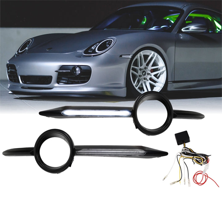 2006 - 2008 Porsche Cayman 987 LED 987.2 Facelift Style Front Bumper Daytime Running Lights Fog Bezel Trim