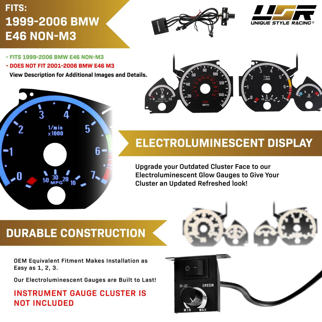 1992-2006 BMW E46 3 Series E92 M3 Style Black Gauge Face White Glow Overlay