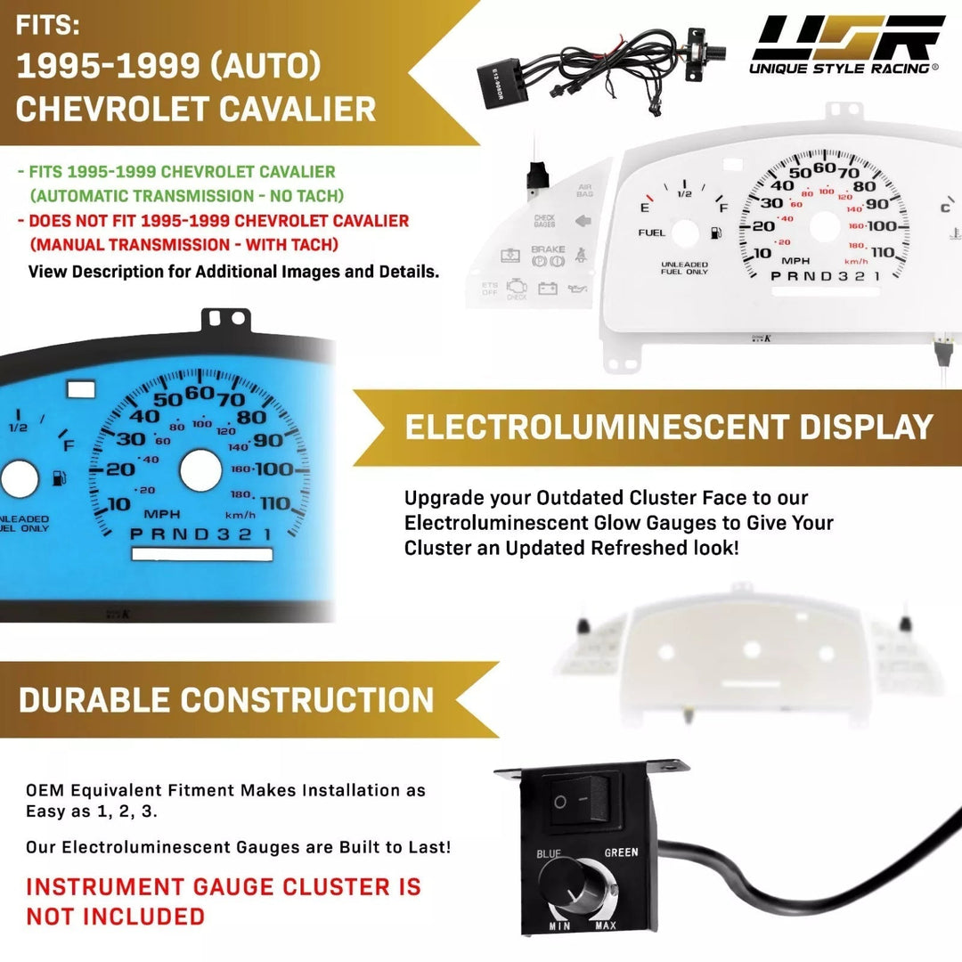 1995 - 1999 Chevrolet Chevy Cavalier WITHOUT Tach/RPM White Face Blue/Green Glow Gauge Face for Instrument Cluster