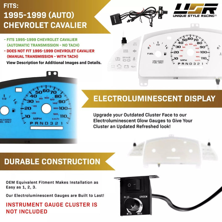 1995 - 1999 Chevrolet Chevy Cavalier WITHOUT Tach/RPM White Face Blue/Green Glow Gauge Face for Instrument Cluster