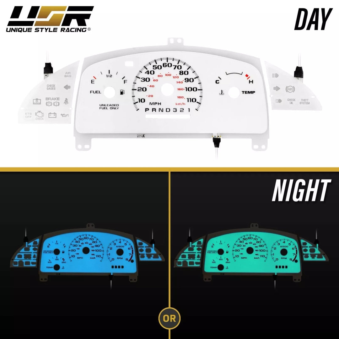1995 - 1999 Chevrolet Chevy Cavalier WITHOUT Tach/RPM White Face Blue/Green Glow Gauge Face for Instrument Cluster