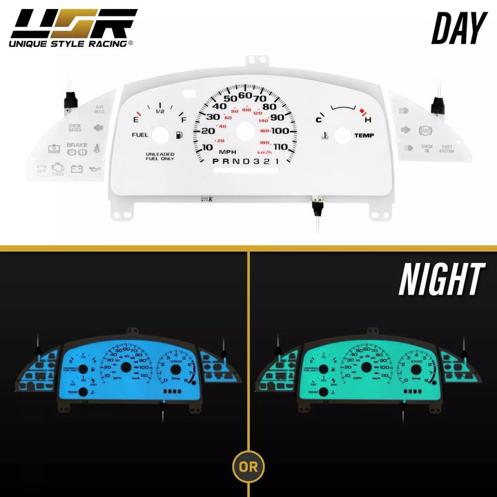 1995 - 1999 Chevrolet Chevy Cavalier WITHOUT Tach/RPM White Face Blue/Green Glow Gauge Face for Instrument Cluster
