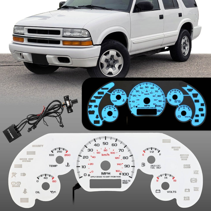 1998 - 2004 Chevrolet Chevy S10 WITH NO Tach/RPM Gauge White Face Blue/Green Glow Gauge Face for Instrument Cluster