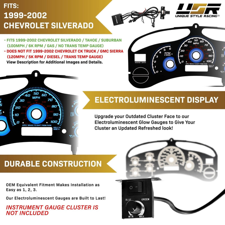 1999 - 2002 Chevrolet Chevy Silverado & Tahoe Black Gauge Face Blue Glow Gauge for Instrument Cluster