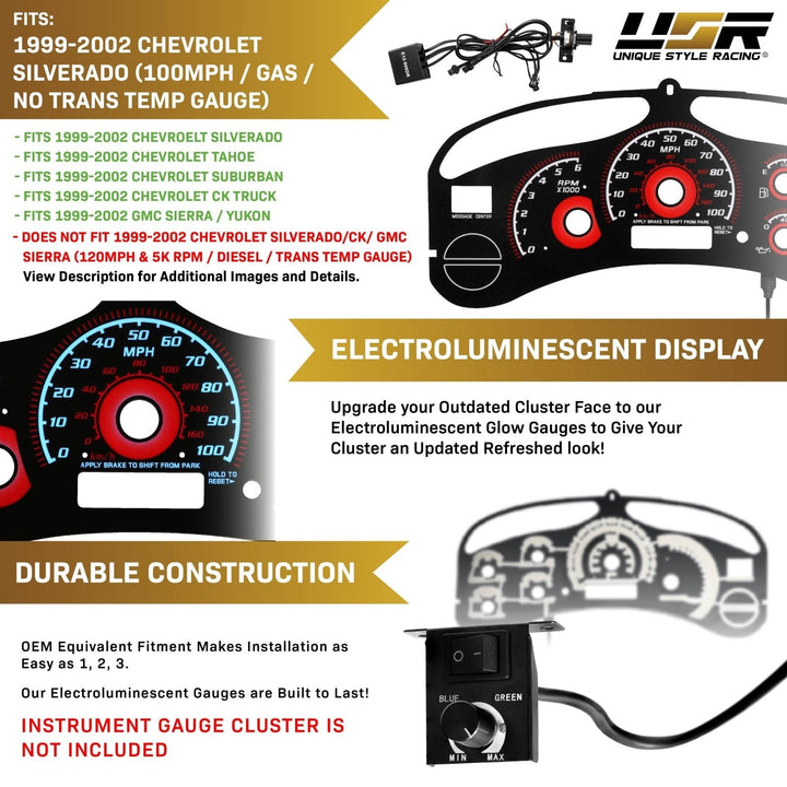 1999 - 2002 Chevrolet Chevy Silverado & Tahoe Black Gauge Face Red Glow Gauge for Instrument Cluster