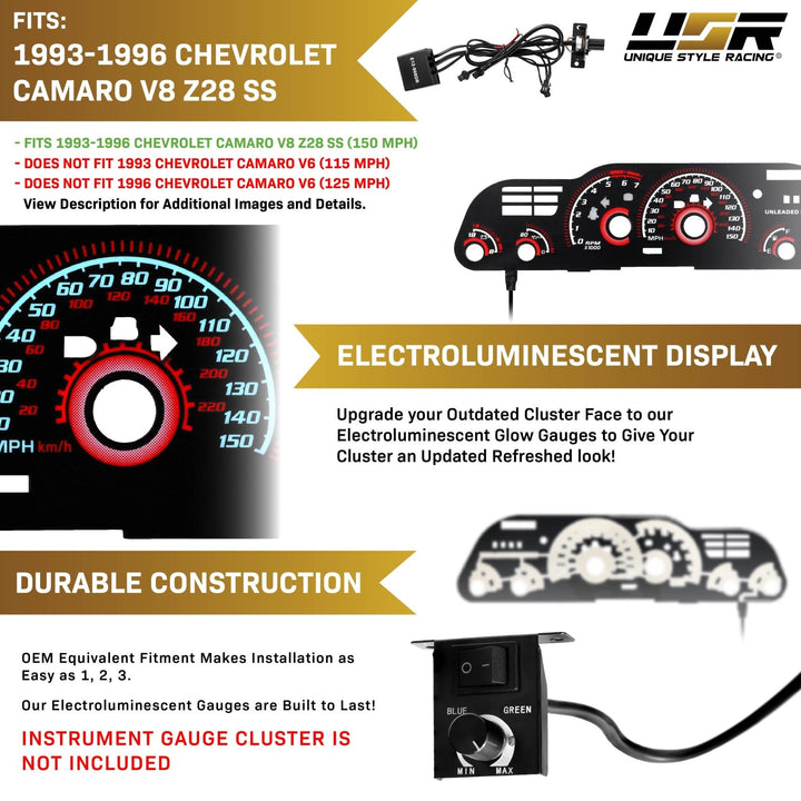 1993-1997 Chevrolet Chevy Camaro V8 150 MPH Black Gauge Face Red Glow Gauge for Instrument Cluster
