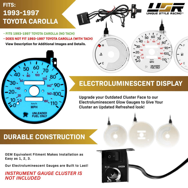 1993 - 1997 Toyota Corolla White Face Blue/Green Glow Gauge Face for Instrument Cluster