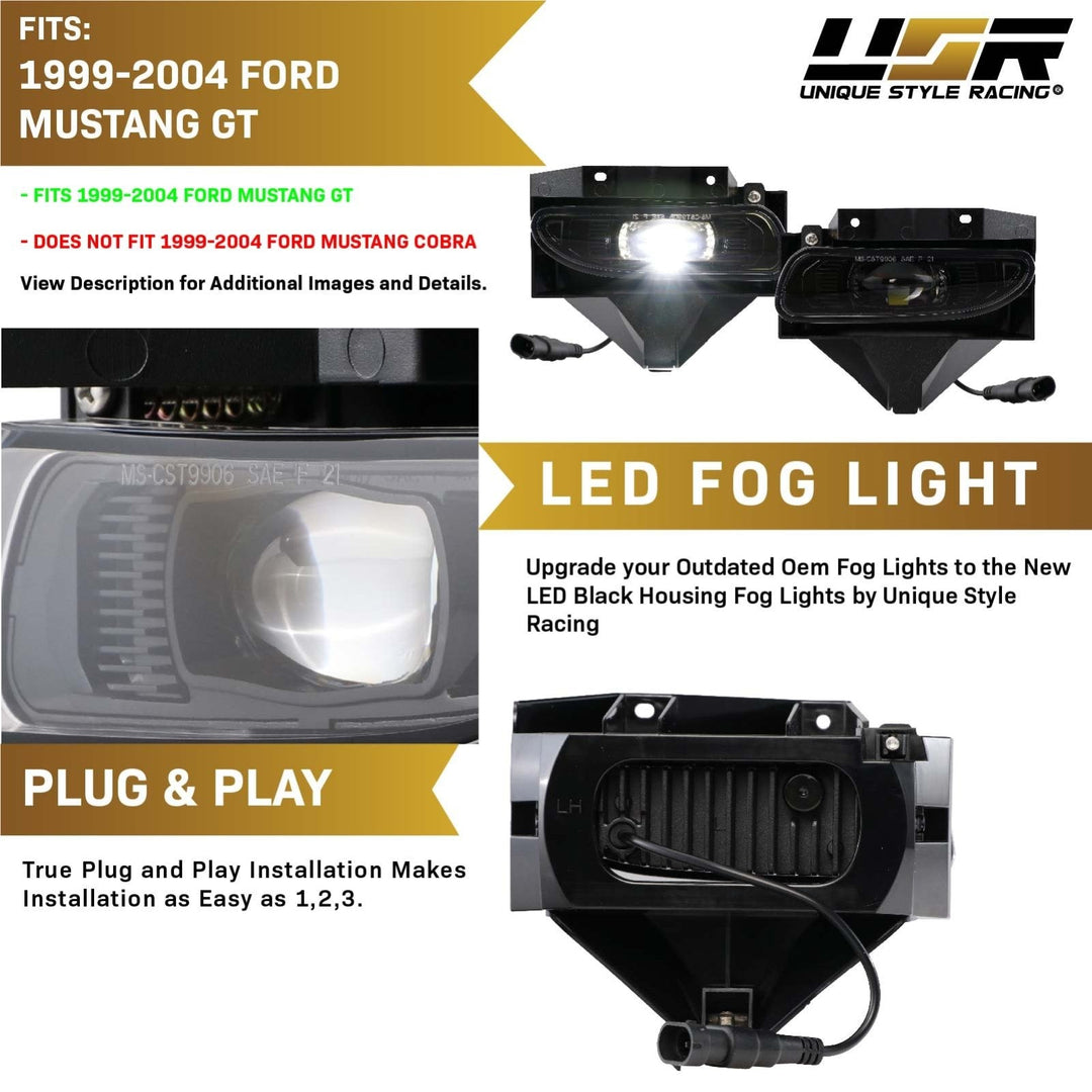 1999 - 2004 Ford Mustang SN95 Front Bumper Black Housing LED Projector Fog Lights