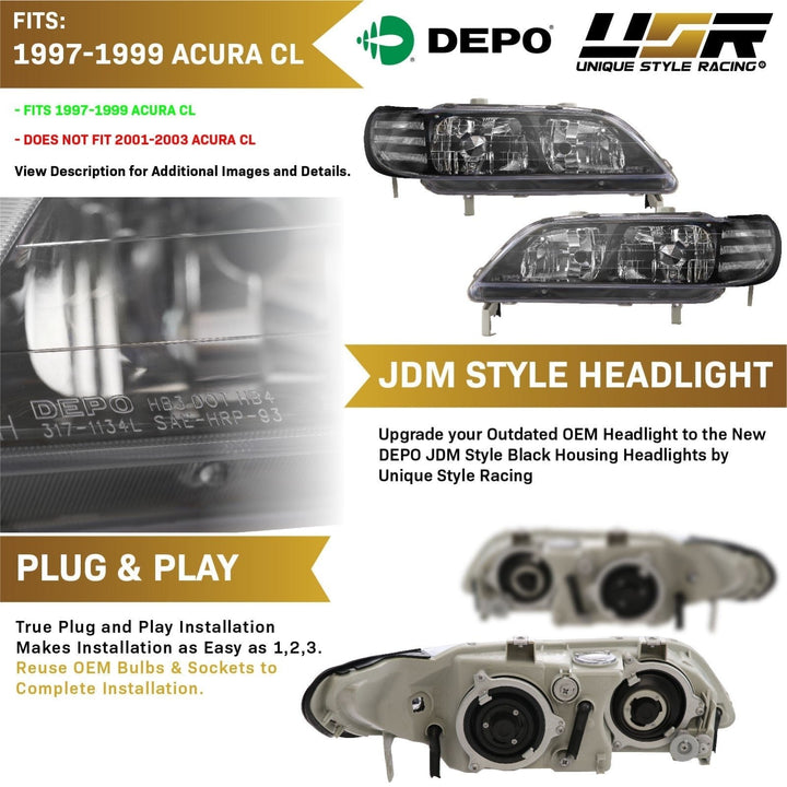 1997 - 1992 Acura CL JDM Black Housing Headlight W/ Clear Corner Light